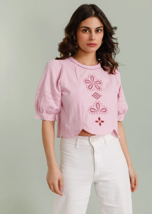 Pink Embroidery Cut Out Blouse