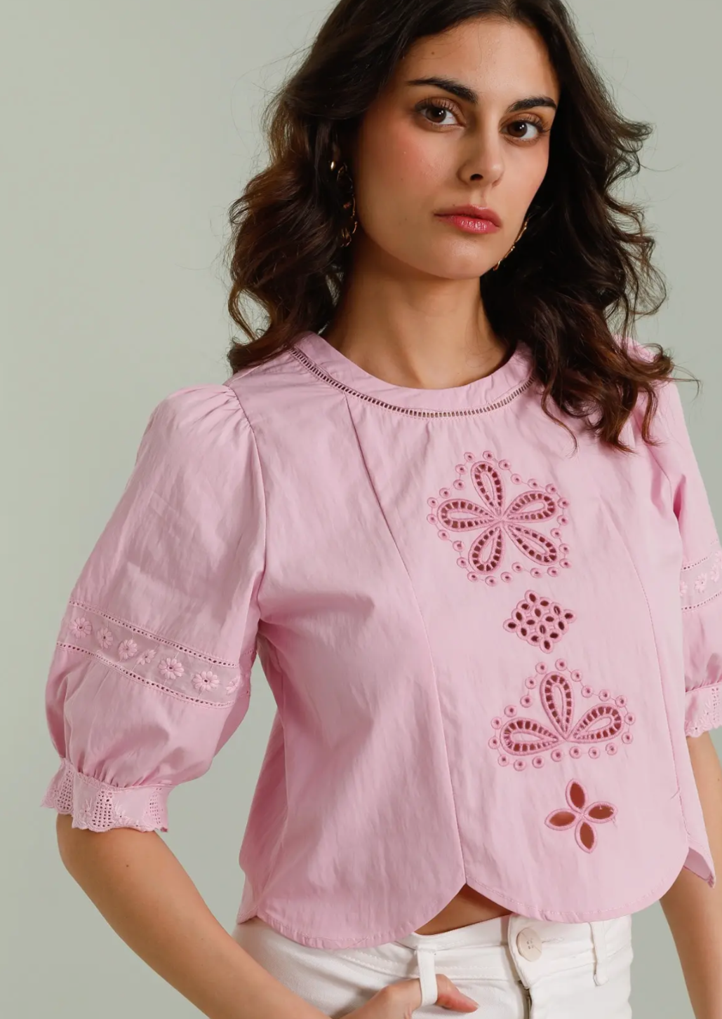 Pink Embroidery Cut Out Blouse