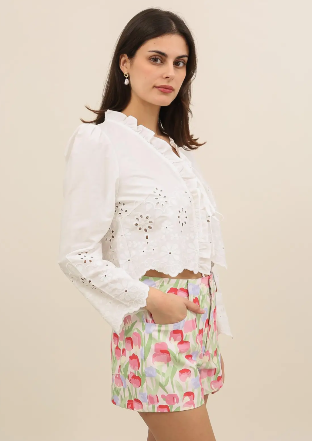 Short Eyelet Blouse With Ruffles