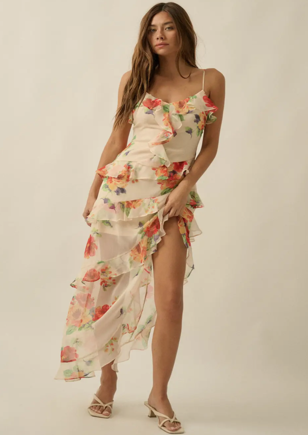 Floral Asymmetrical Ruffle Maxi Dress