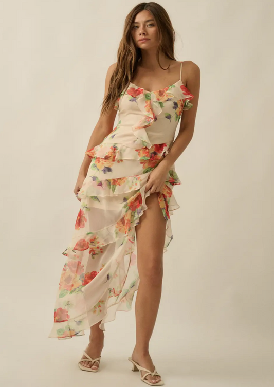 Floral Asymmetrical Ruffle Maxi Dress