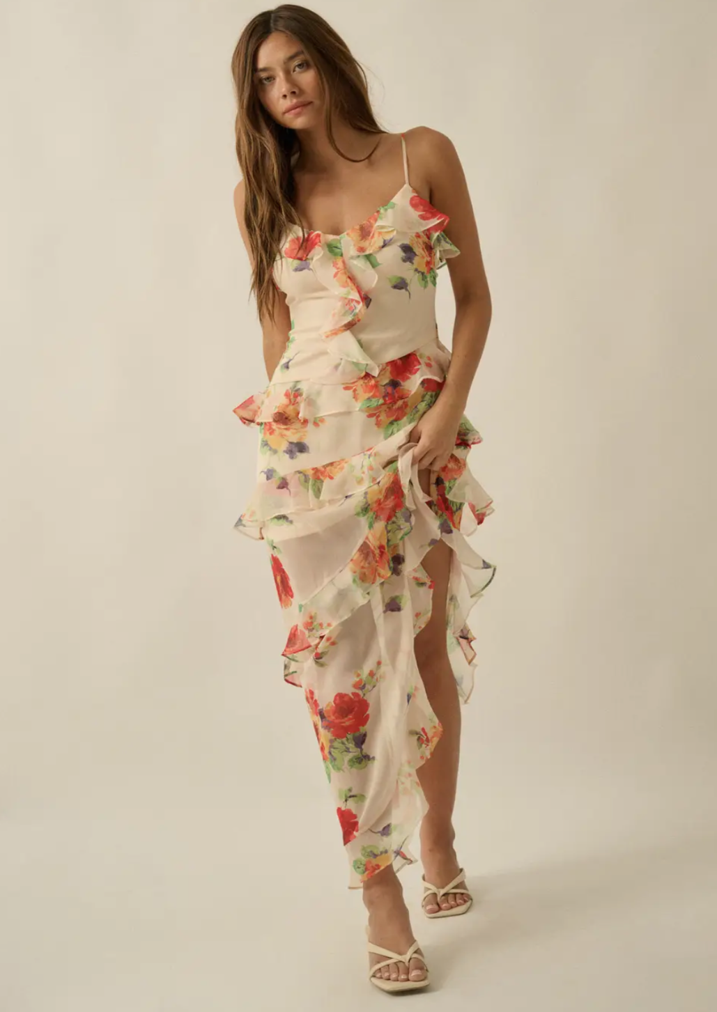 Floral Asymmetrical Ruffle Maxi Dress