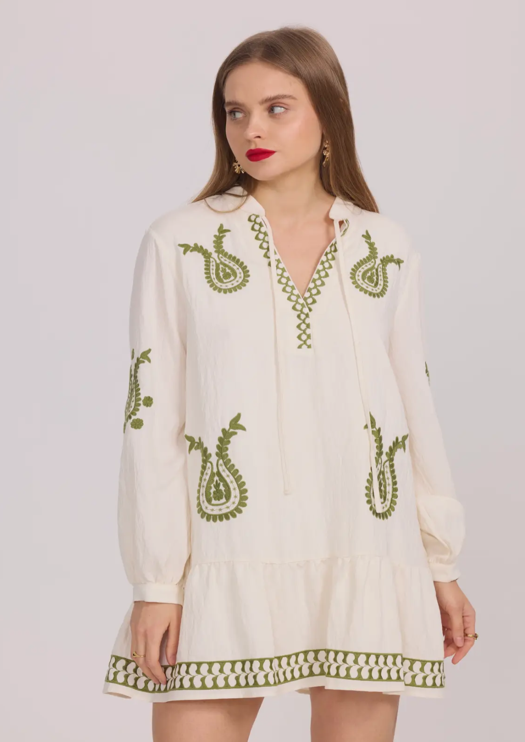 Bohemian Green Embroidery Tunic Dress