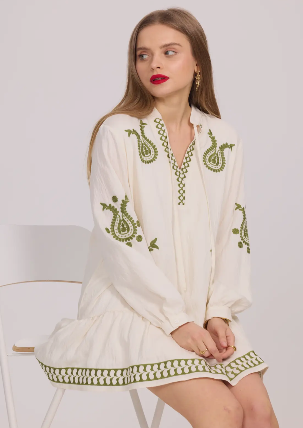 Bohemian Green Embroidery Tunic Dress