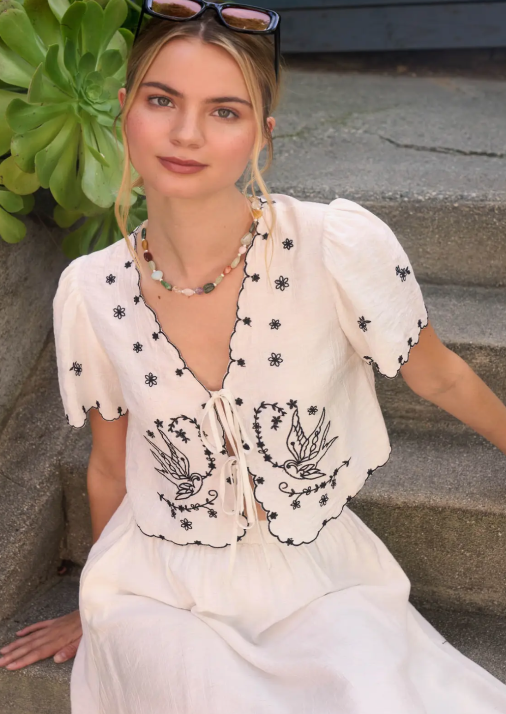 Bird Embroidery Tie Front Blouse