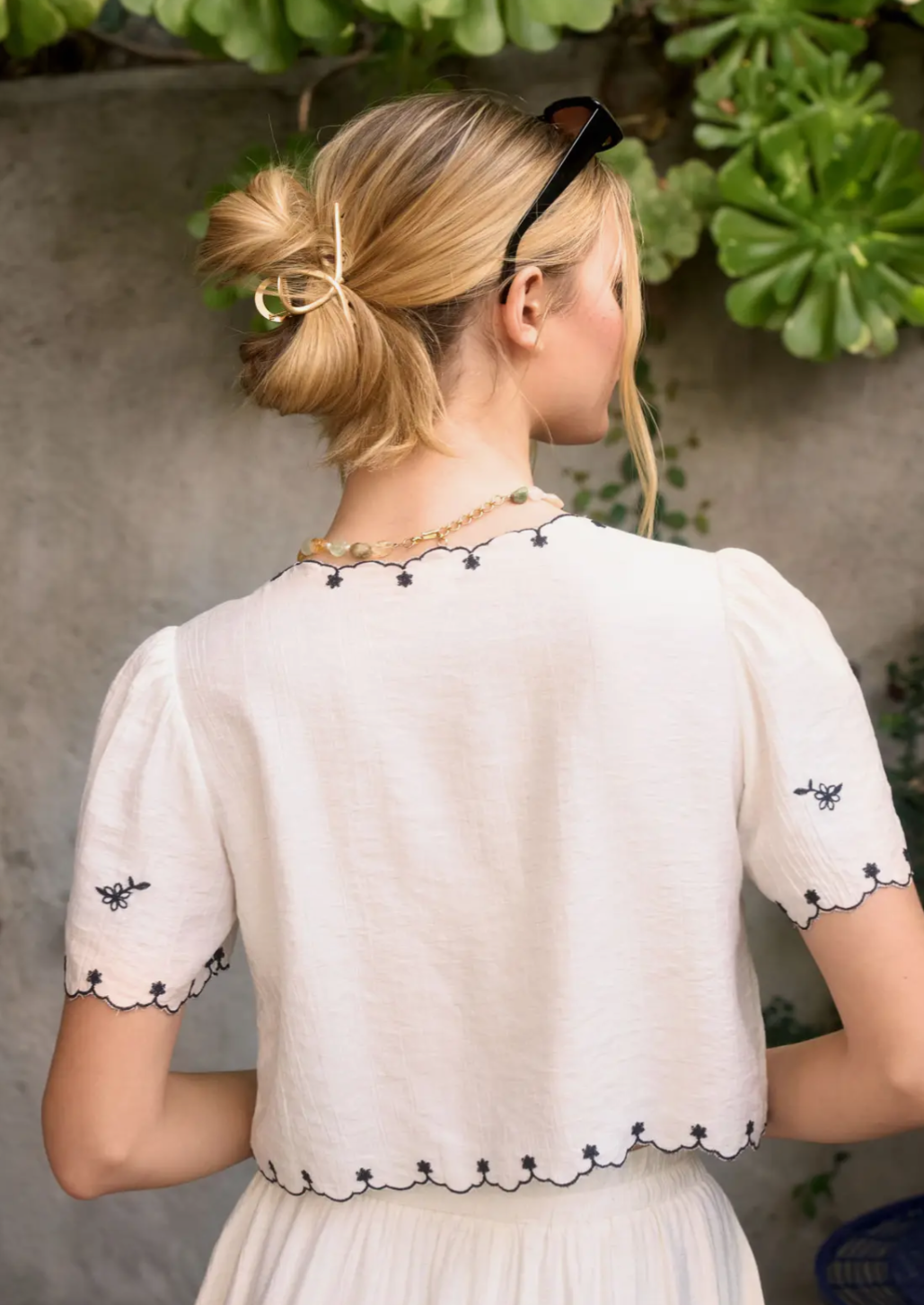 Bird Embroidery Tie Front Blouse