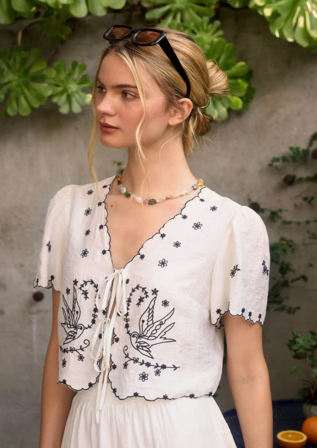 Bird Embroidery Tie Front Blouse
