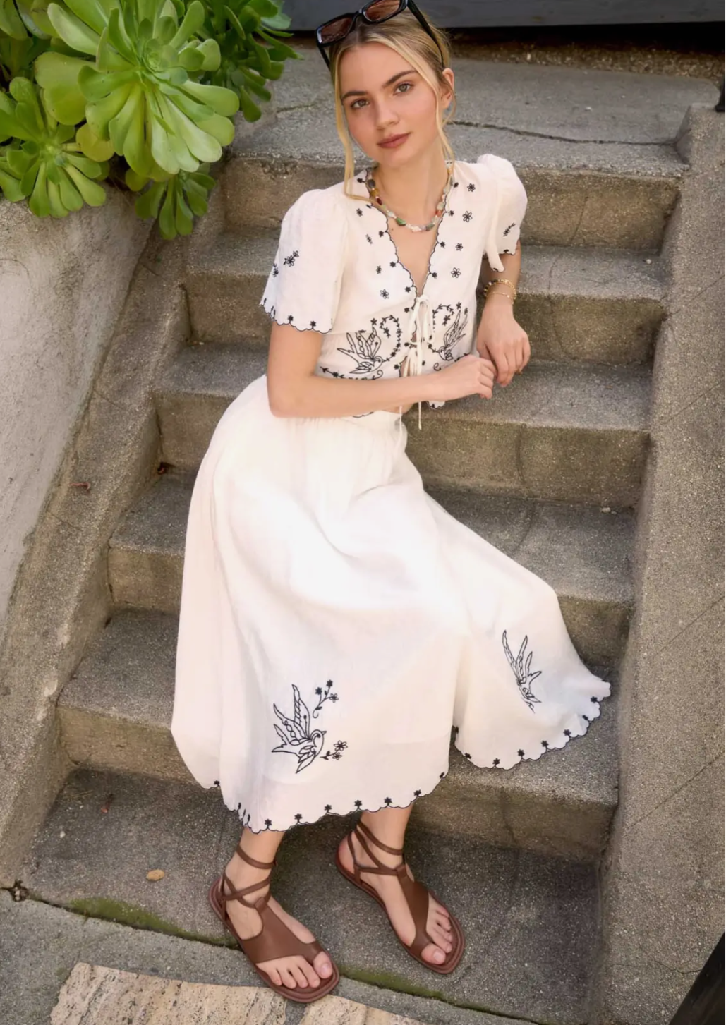 Bird Embroidery Tie Front Blouse
