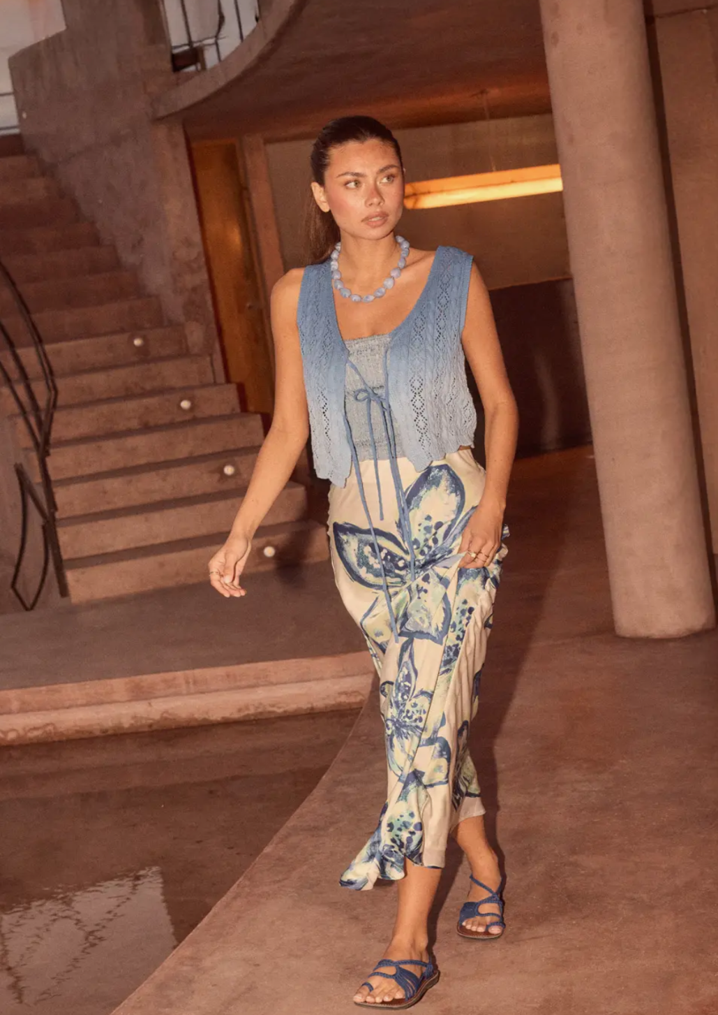 Floral Print Satin Bias Cut Skirt