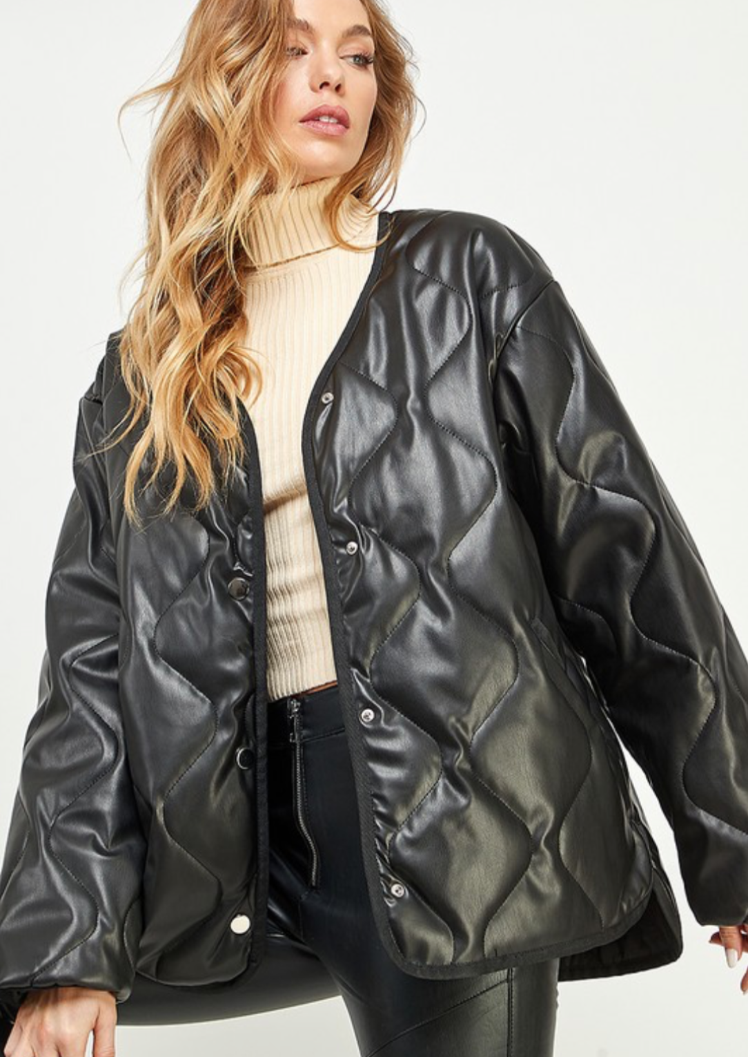 V Neck Diamond Quilted Pu Jacket