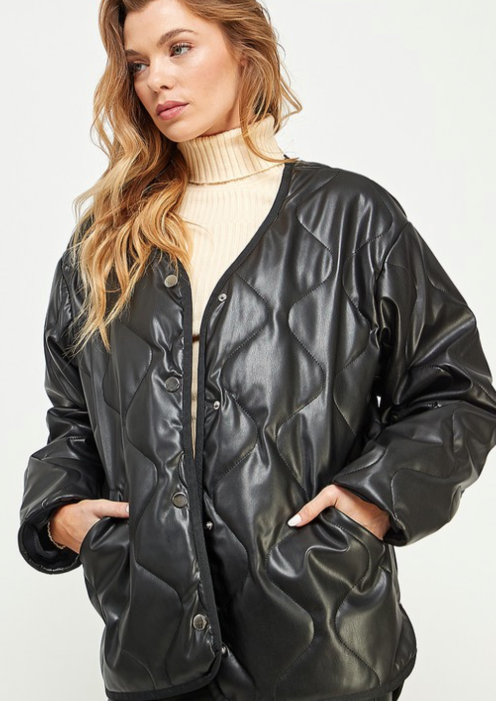 V Neck Diamond Quilted Pu Jacket