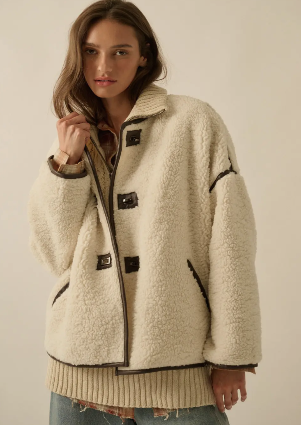 Sherpa Fleece Faux Leather Trim Jacket