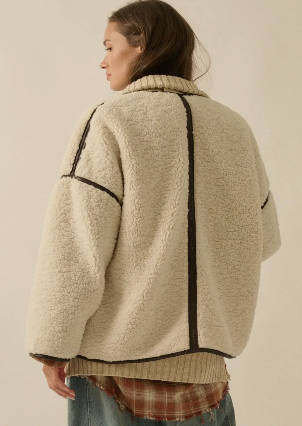 Sherpa Fleece Faux Leather Trim Jacket