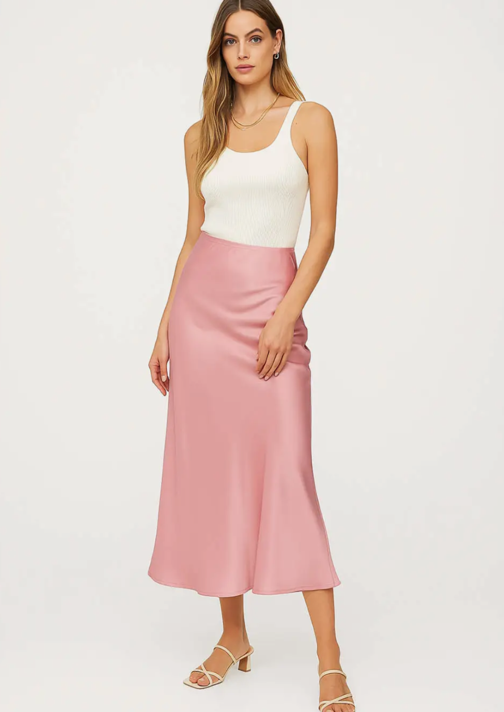 Pink Satin Midi Skirt